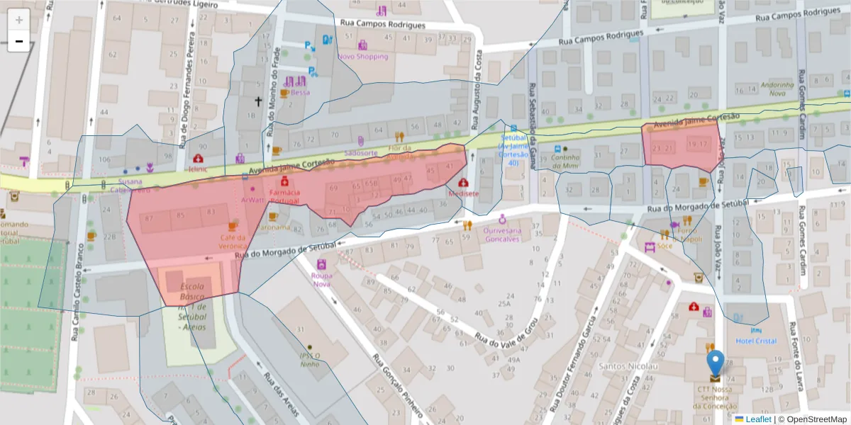 Mapa detalhado do código postal 2910-542 com limites, códigos postais vizinhos e agências dos correios