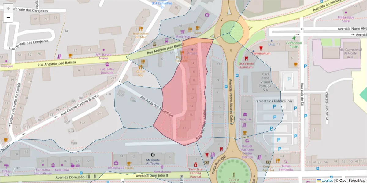 Mapa detalhado do código postal 2910-551 com limites, códigos postais vizinhos e agências dos correios