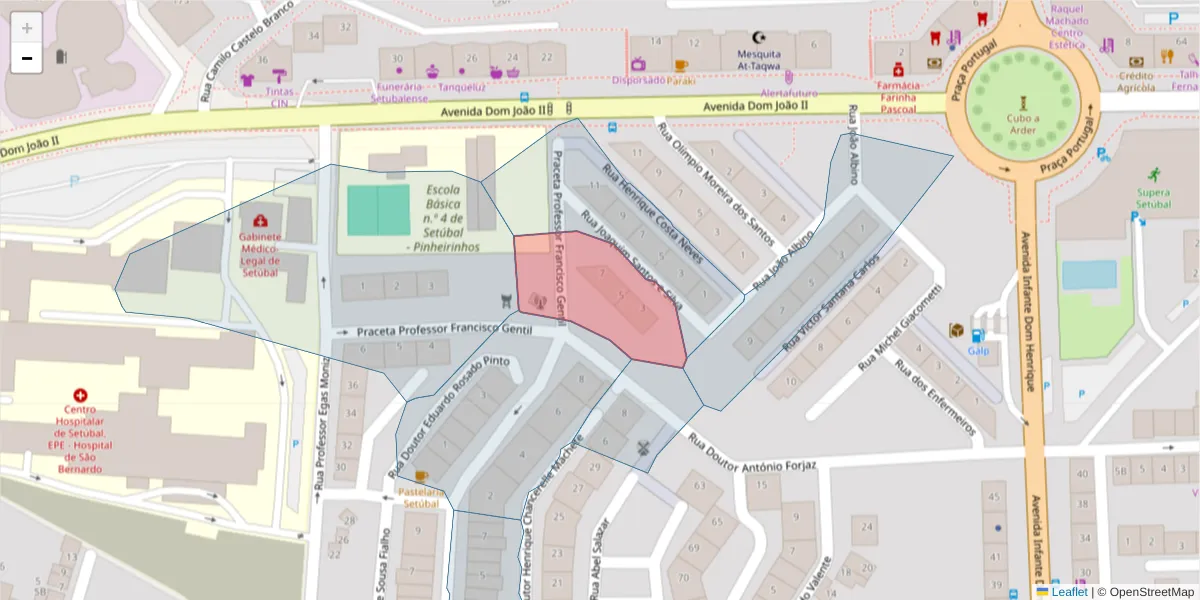 Mapa detalhado do código postal 2910-554 com limites, códigos postais vizinhos e agências dos correios