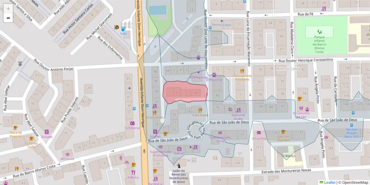 Mapa detalhado do código postal 2910-556 com limites, códigos postais vizinhos e agências dos correios