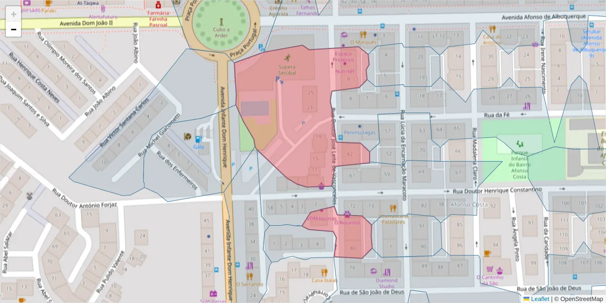 Mapa detalhado do código postal 2910-565 com limites, códigos postais vizinhos e agências dos correios