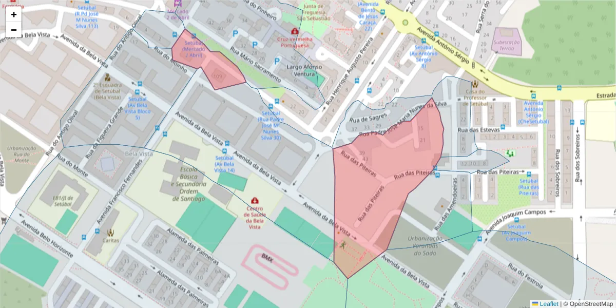 Mapa detalhado do código postal 2910-570 com limites, códigos postais vizinhos e agências dos correios