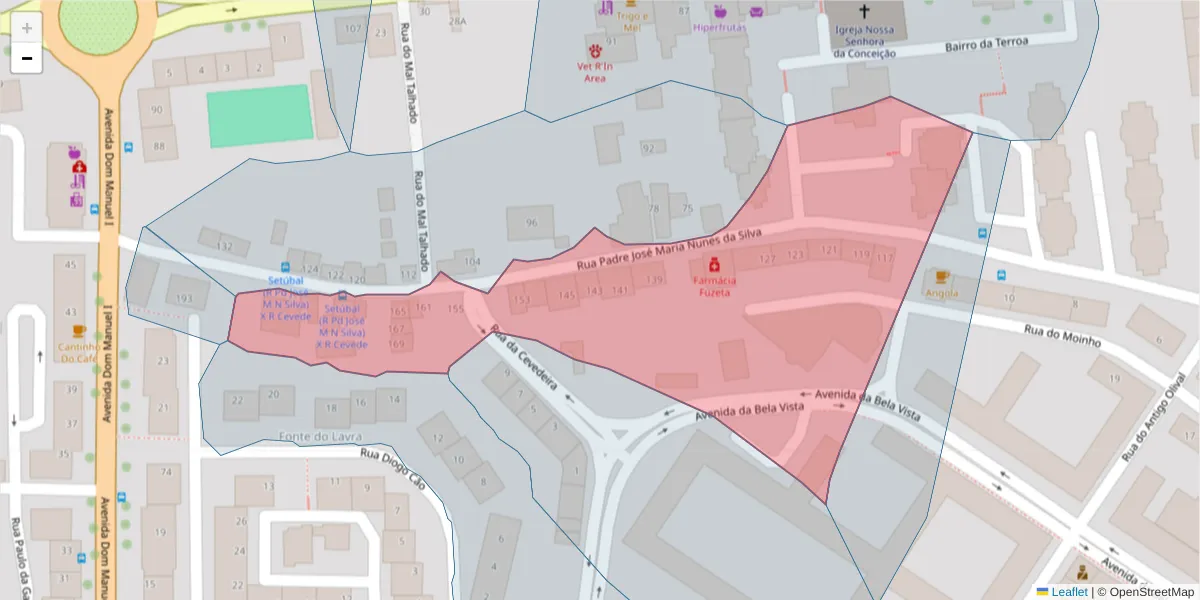 Mapa detalhado do código postal 2910-571 com limites, códigos postais vizinhos e agências dos correios
