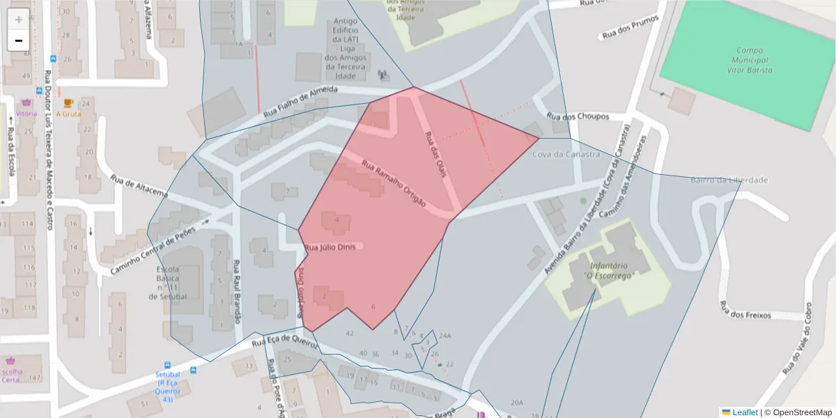 Mapa detalhado do código postal 2910-577 com limites, códigos postais vizinhos e agências dos correios