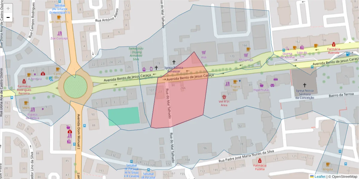 Mapa detalhado do código postal 2910-590 com limites, códigos postais vizinhos e agências dos correios