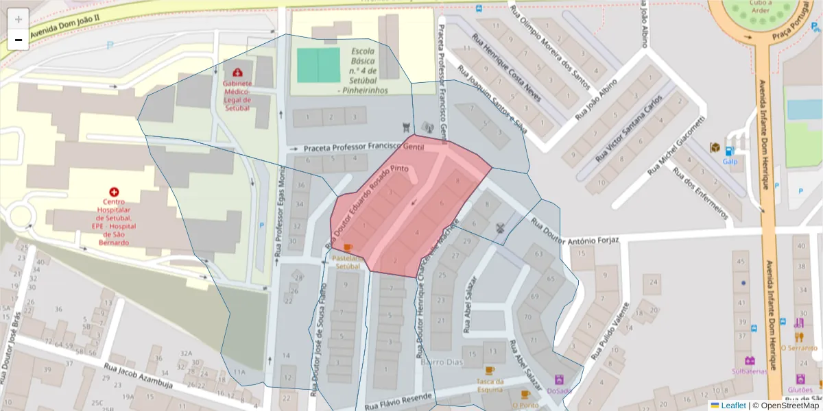 Mapa detalhado do código postal 2910-597 com limites, códigos postais vizinhos e agências dos correios