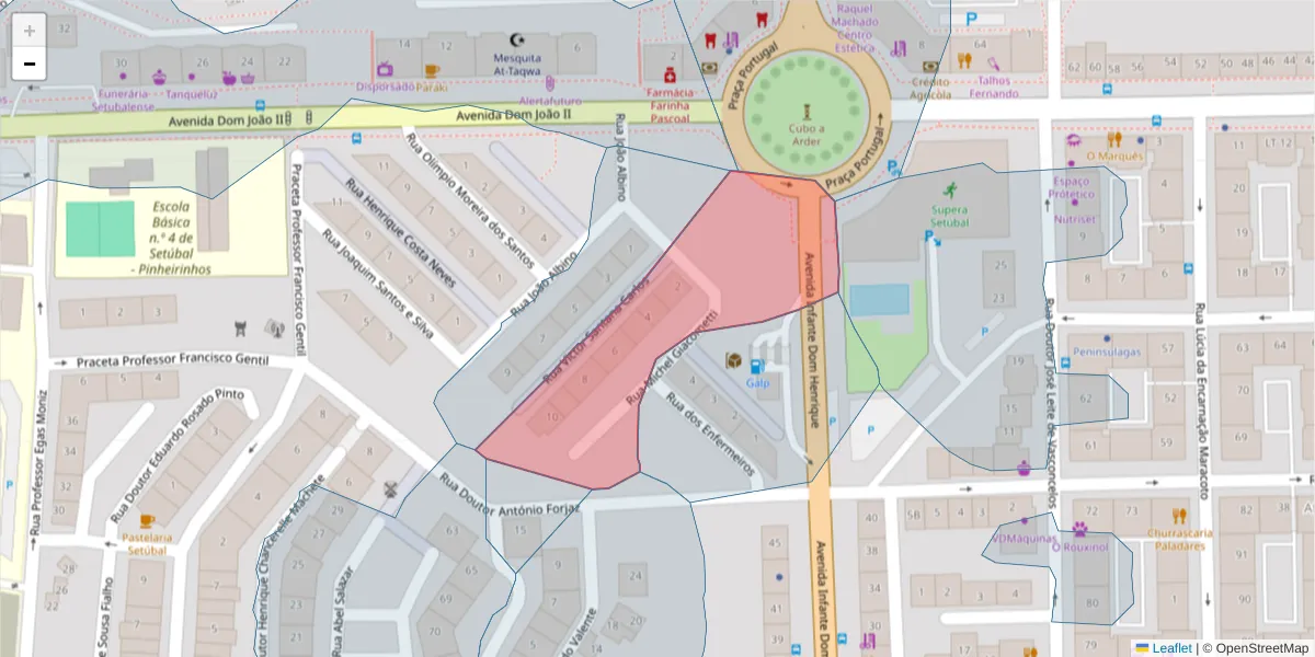 Mapa detalhado do código postal 2910-606 com limites, códigos postais vizinhos e agências dos correios
