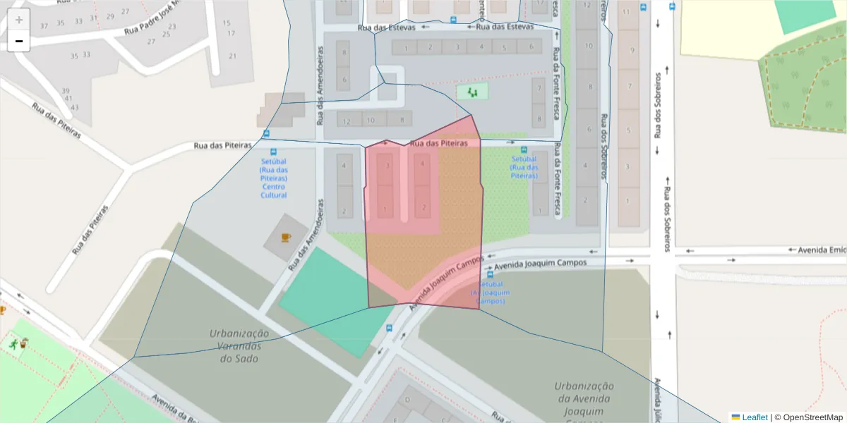 Mapa detalhado do código postal 2910-608 com limites, códigos postais vizinhos e agências dos correios