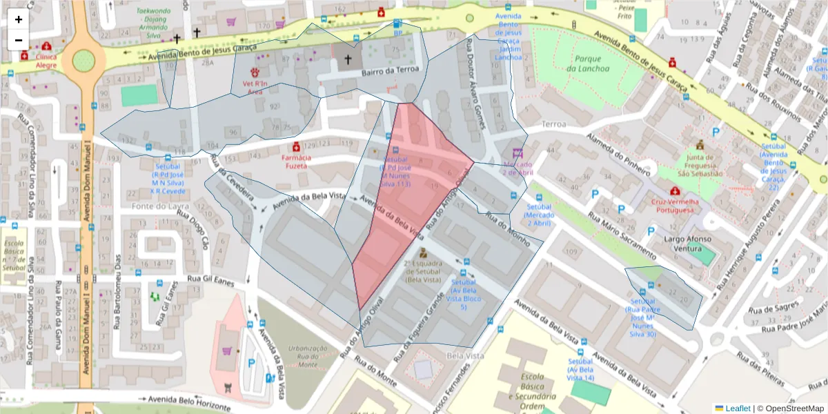 Mapa detalhado do código postal 2910-613 com limites, códigos postais vizinhos e agências dos correios
