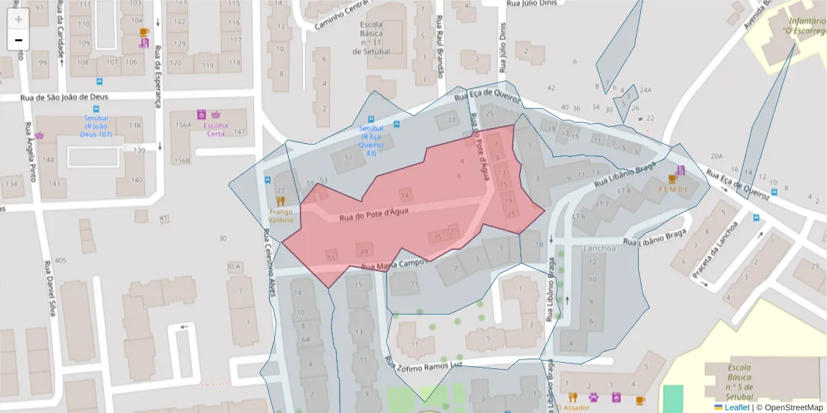 Mapa detalhado do código postal 2910-641 com limites, códigos postais vizinhos e agências dos correios