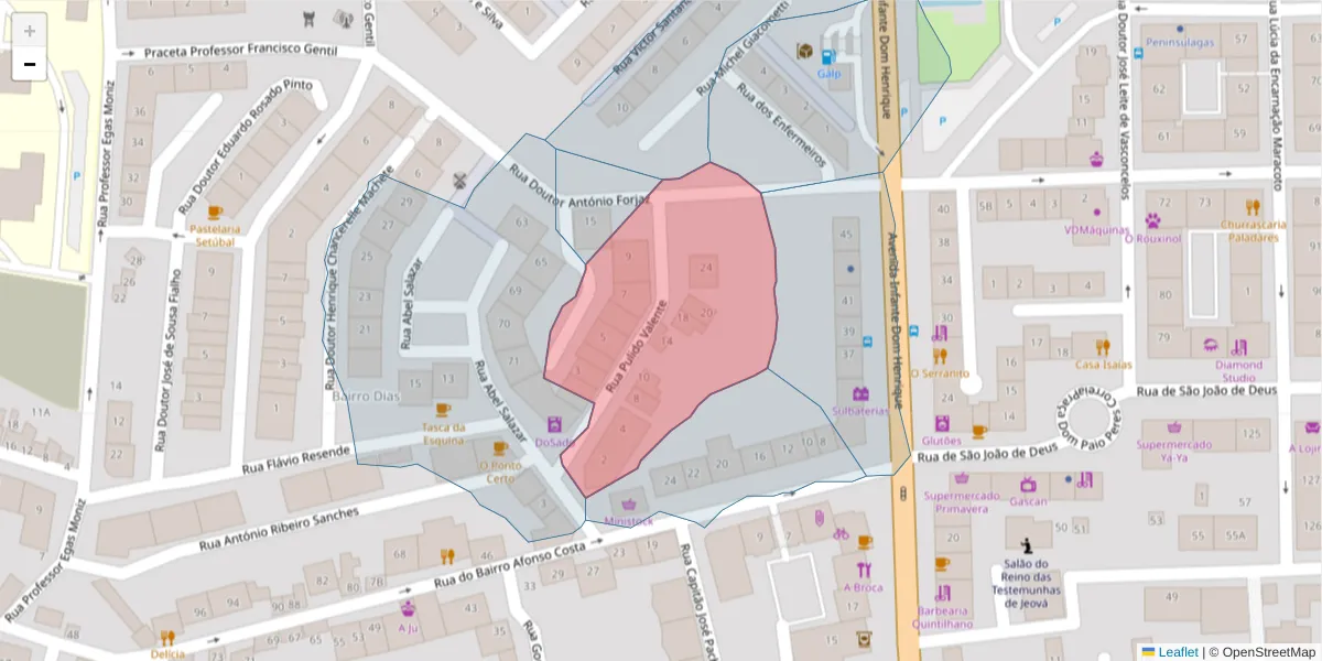 Mapa detalhado do código postal 2910-642 com limites, códigos postais vizinhos e agências dos correios