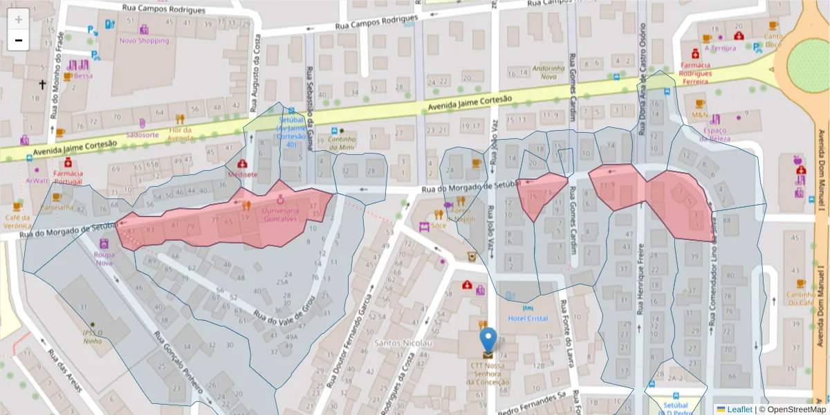 Mapa detalhado do código postal 2910-672 com limites, códigos postais vizinhos e agências dos correios