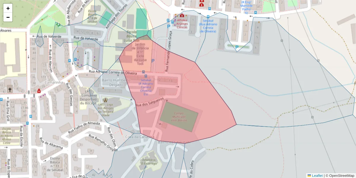 Mapa detalhado do código postal 2910-675 com limites, códigos postais vizinhos e agências dos correios