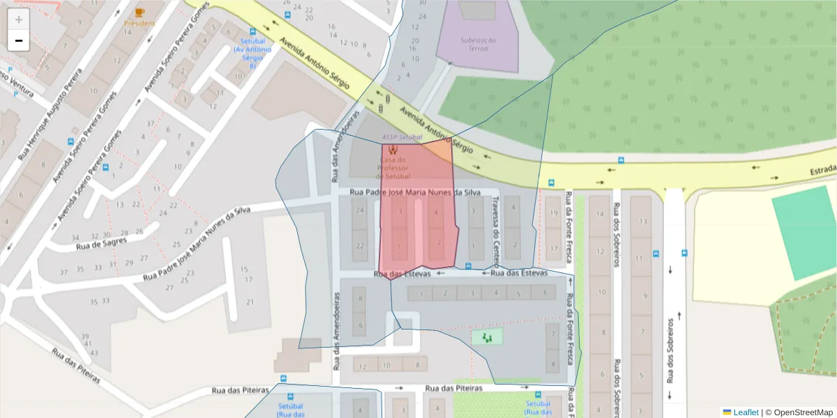 Mapa detalhado do código postal 2910-688 com limites, códigos postais vizinhos e agências dos correios