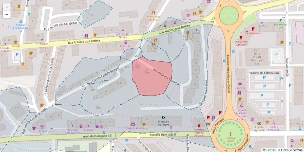 Mapa detalhado do código postal 2910-695 com limites, códigos postais vizinhos e agências dos correios