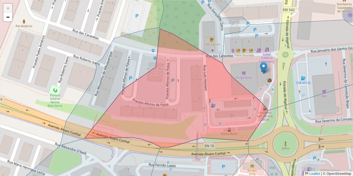 Mapa detalhado do código postal 2910-705 com limites, códigos postais vizinhos e agências dos correios