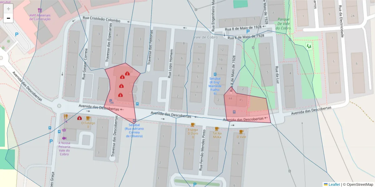 Mapa detalhado do código postal 2910-711 com limites, códigos postais vizinhos e agências dos correios