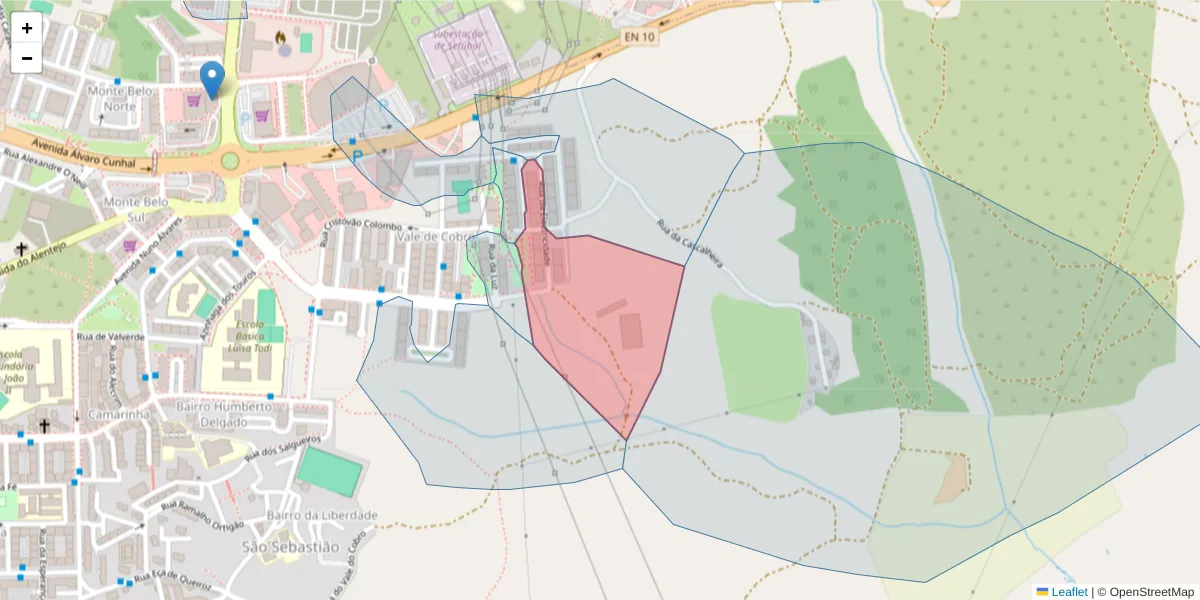 Mapa detalhado do código postal 2910-724 com limites, códigos postais vizinhos e agências dos correios