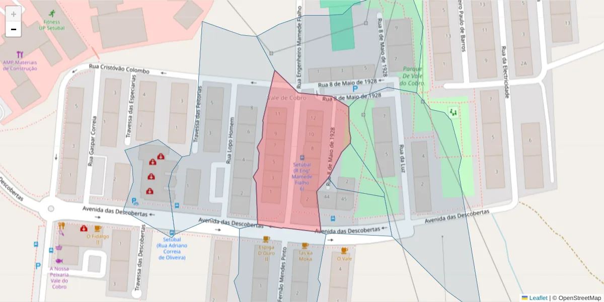 Mapa detalhado do código postal 2910-726 com limites, códigos postais vizinhos e agências dos correios