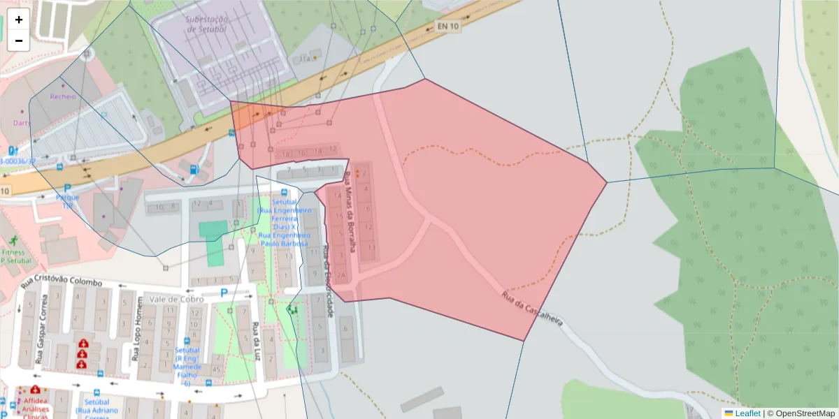 Mapa detalhado do código postal 2910-727 com limites, códigos postais vizinhos e agências dos correios