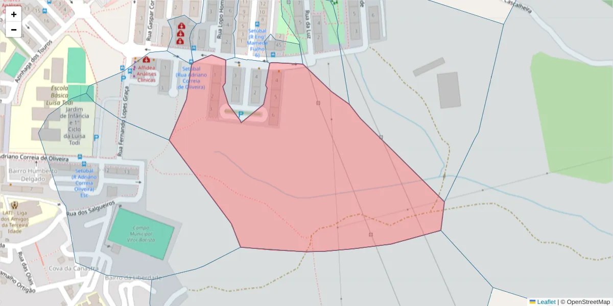 Mapa detalhado do código postal 2910-798 com limites, códigos postais vizinhos e agências dos correios