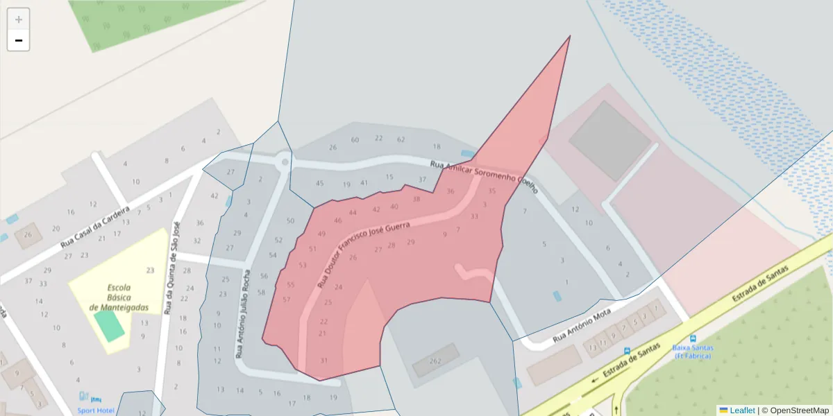 Mapa detalhado do código postal 2910-825 com limites, códigos postais vizinhos e agências dos correios
