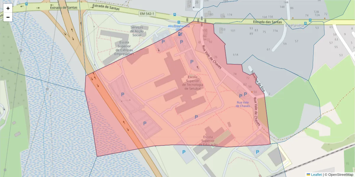 Mapa detalhado do código postal 2910-848 com limites, códigos postais vizinhos e agências dos correios