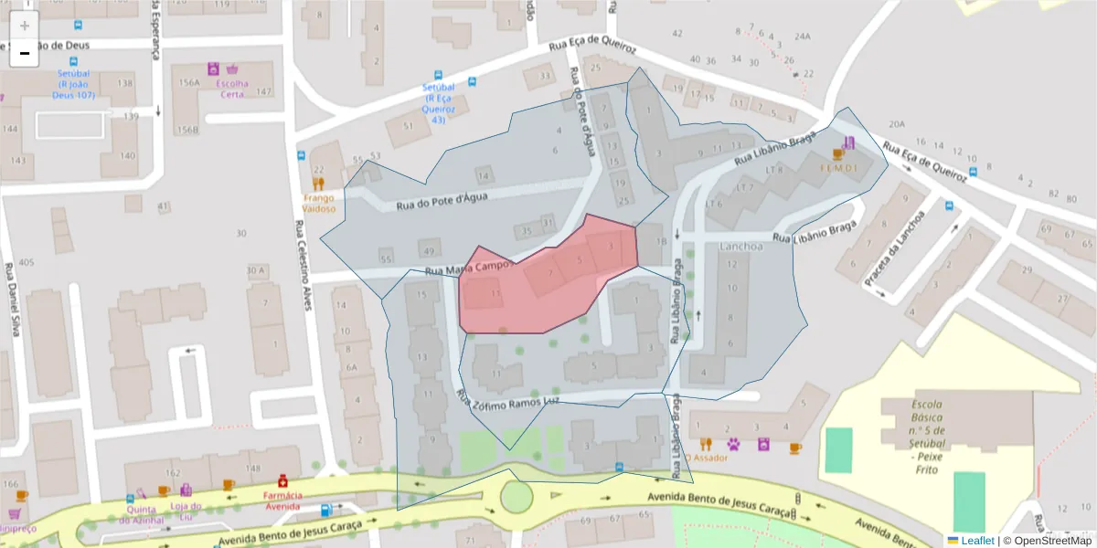 Mapa detalhado do código postal 2910-854 com limites, códigos postais vizinhos e agências dos correios