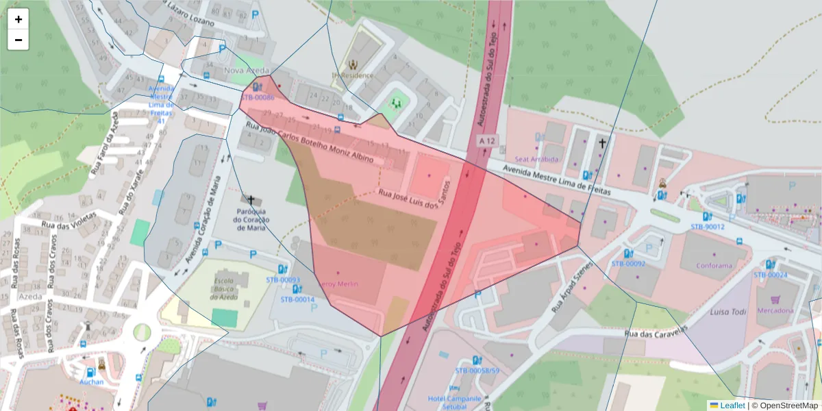 Mapa detalhado do código postal 2910-864 com limites, códigos postais vizinhos e agências dos correios