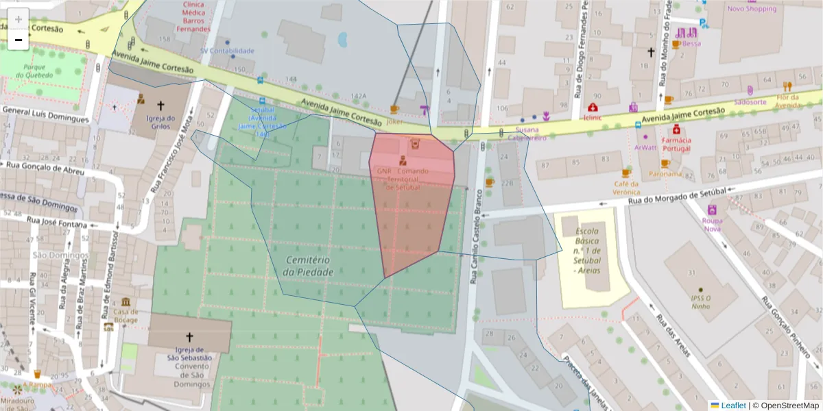 Mapa detalhado do código postal 2914-542 com limites, códigos postais vizinhos e agências dos correios