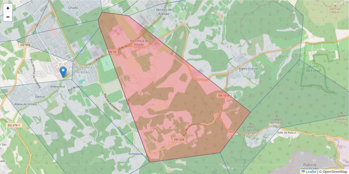 Mapa detalhado do código postal 2925-485 com limites, códigos postais vizinhos e agências dos correios