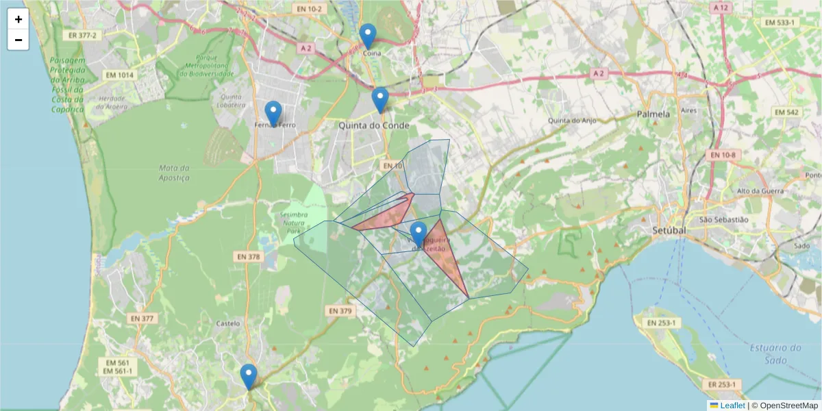 Mapa detalhado do código postal 2925-561 com limites, códigos postais vizinhos e agências dos correios