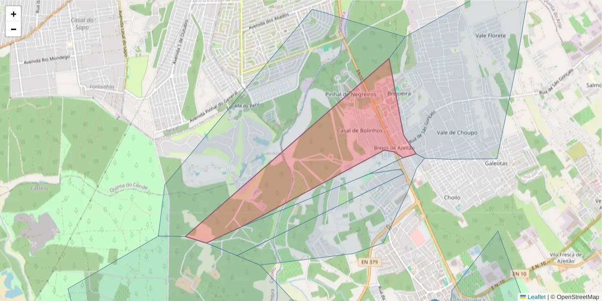 Mapa detalhado do código postal 2925-566 com limites, códigos postais vizinhos e agências dos correios