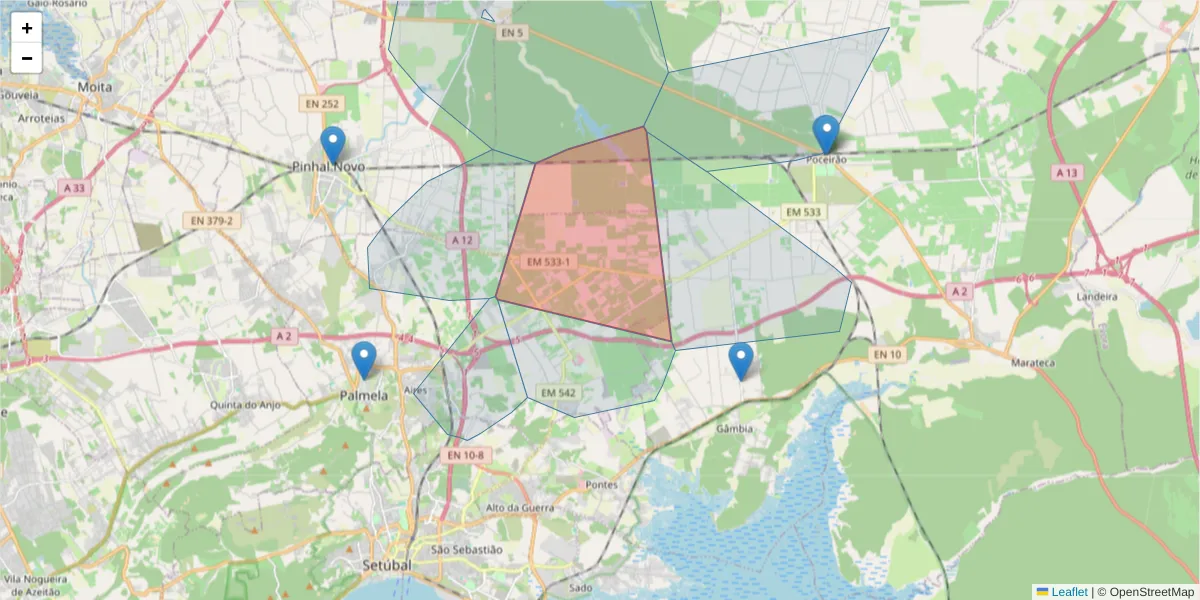 Mapa detalhado do código postal 2950-091 com limites, códigos postais vizinhos e agências dos correios