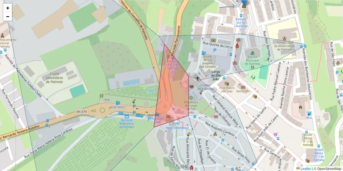 Mapa detalhado do código postal 2950-227 com limites, códigos postais vizinhos e agências dos correios