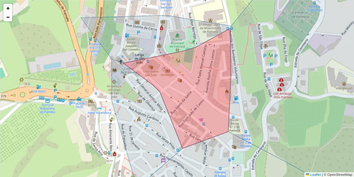Mapa detalhado do código postal 2950-252 com limites, códigos postais vizinhos e agências dos correios
