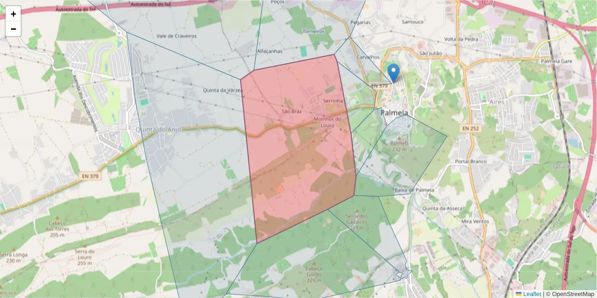 Mapa detalhado do código postal 2950-298 com limites, códigos postais vizinhos e agências dos correios