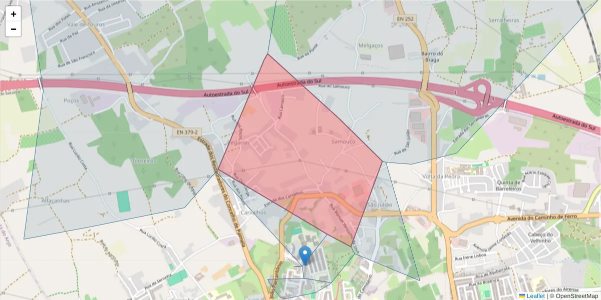 Mapa detalhado do código postal 2950-302 Palmela com limites, códigos postais vizinhos e agências dos correios