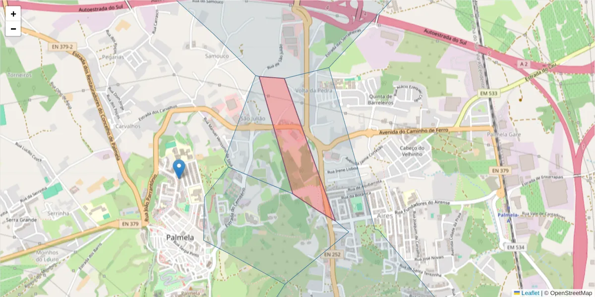 Mapa detalhado do código postal 2950-302 com limites, códigos postais vizinhos e agências dos correios