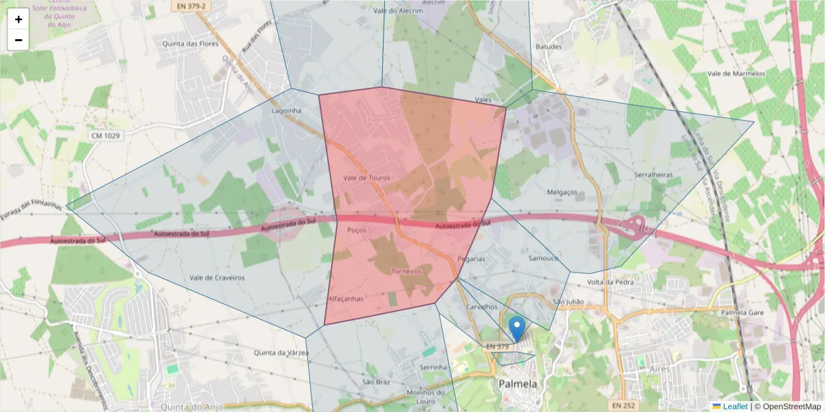 Mapa detalhado do código postal 2950-425 com limites, códigos postais vizinhos e agências dos correios