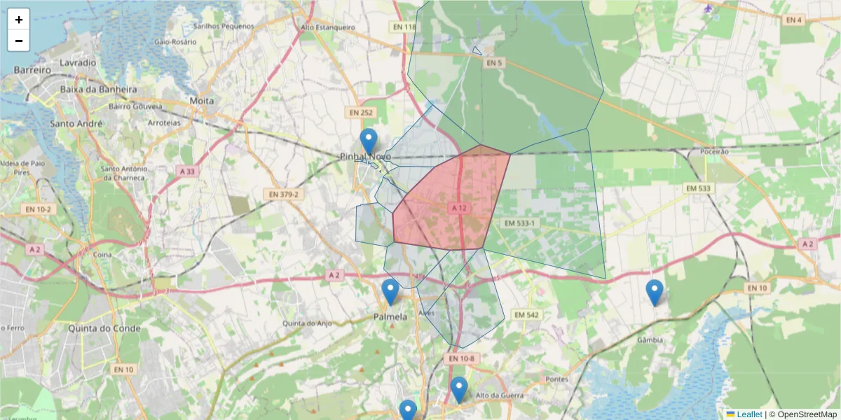Mapa detalhado do código postal 2950-438 com limites, códigos postais vizinhos e agências dos correios
