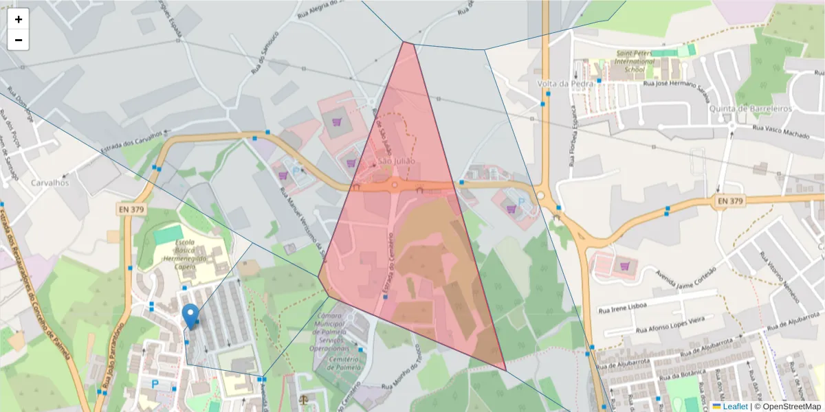 Mapa detalhado do código postal 2950-439 Volta da Pedra, Palmela com limites, códigos postais vizinhos e agências dos correios
