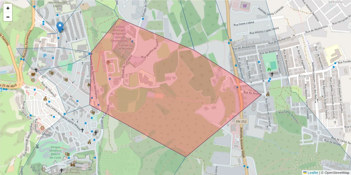 Mapa detalhado do código postal 2950-483 com limites, códigos postais vizinhos e agências dos correios
