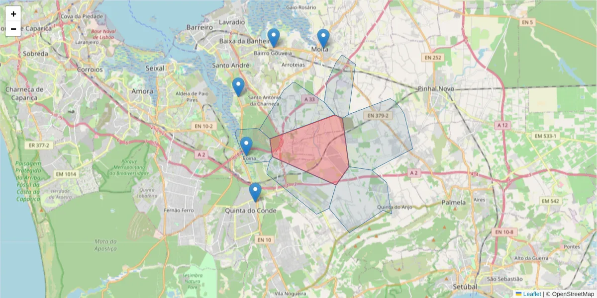 Mapa detalhado do código postal 2950-553 com limites, códigos postais vizinhos e agências dos correios