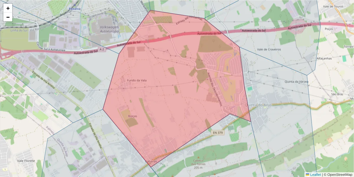 Mapa detalhado do código postal 2950-752 com limites, códigos postais vizinhos e agências dos correios