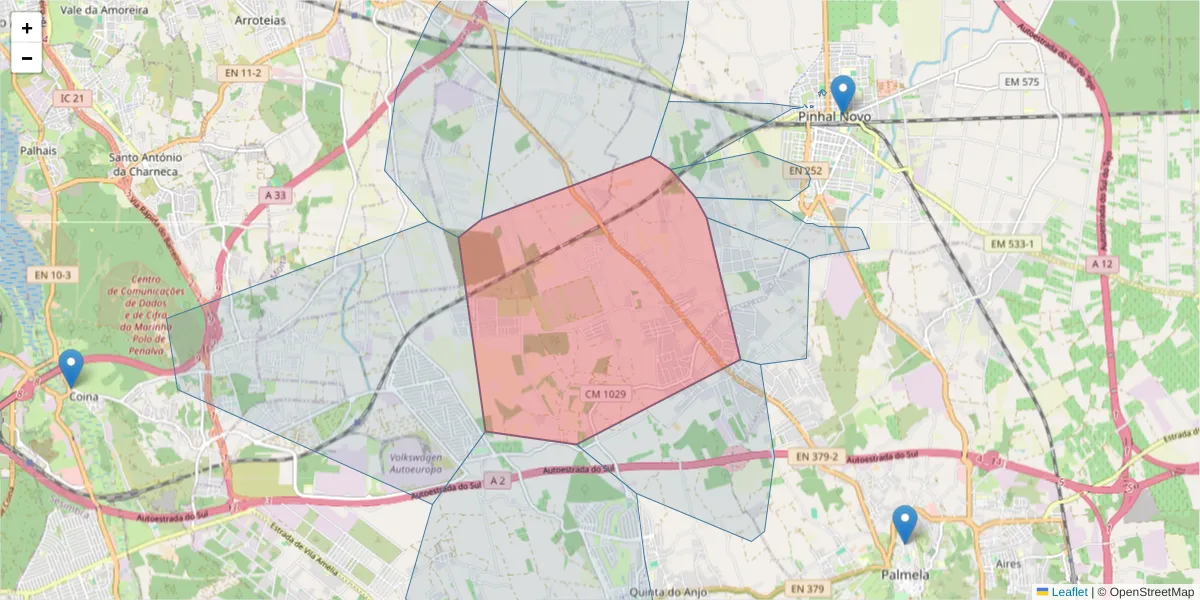 Mapa detalhado do código postal 2950-766 com limites, códigos postais vizinhos e agências dos correios