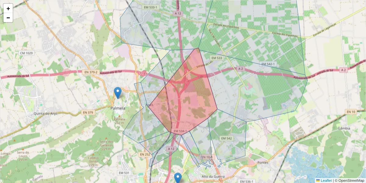 Mapa detalhado do código postal 2950 com limites, códigos postais vizinhos e agências dos correios