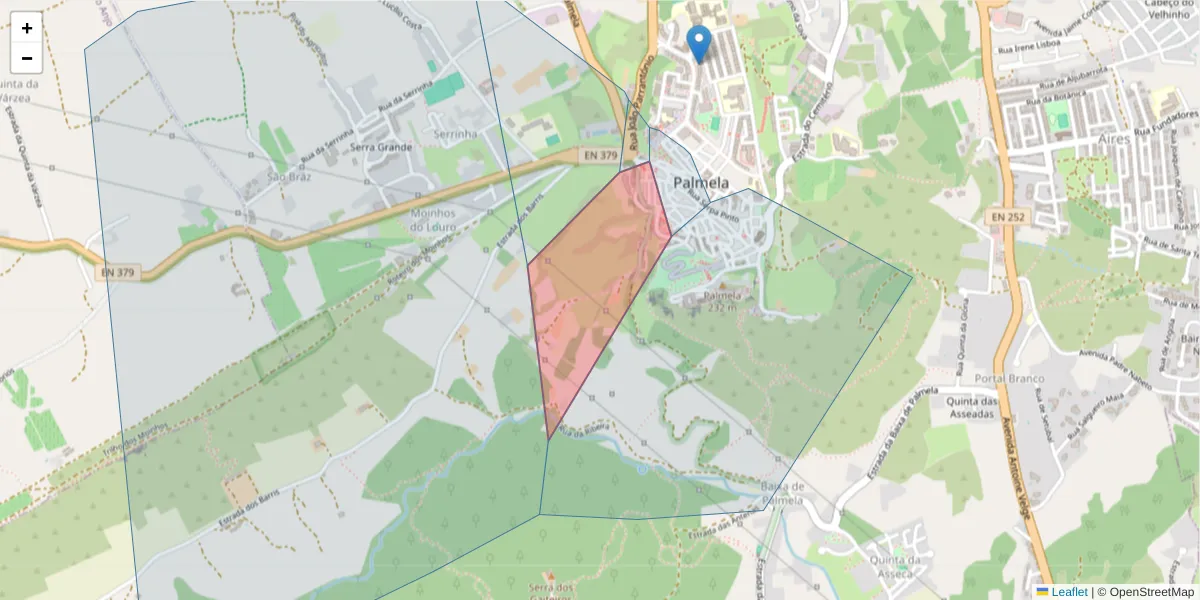 Mapa detalhado do código postal 2951-901 Palmela com limites, códigos postais vizinhos e agências dos correios
