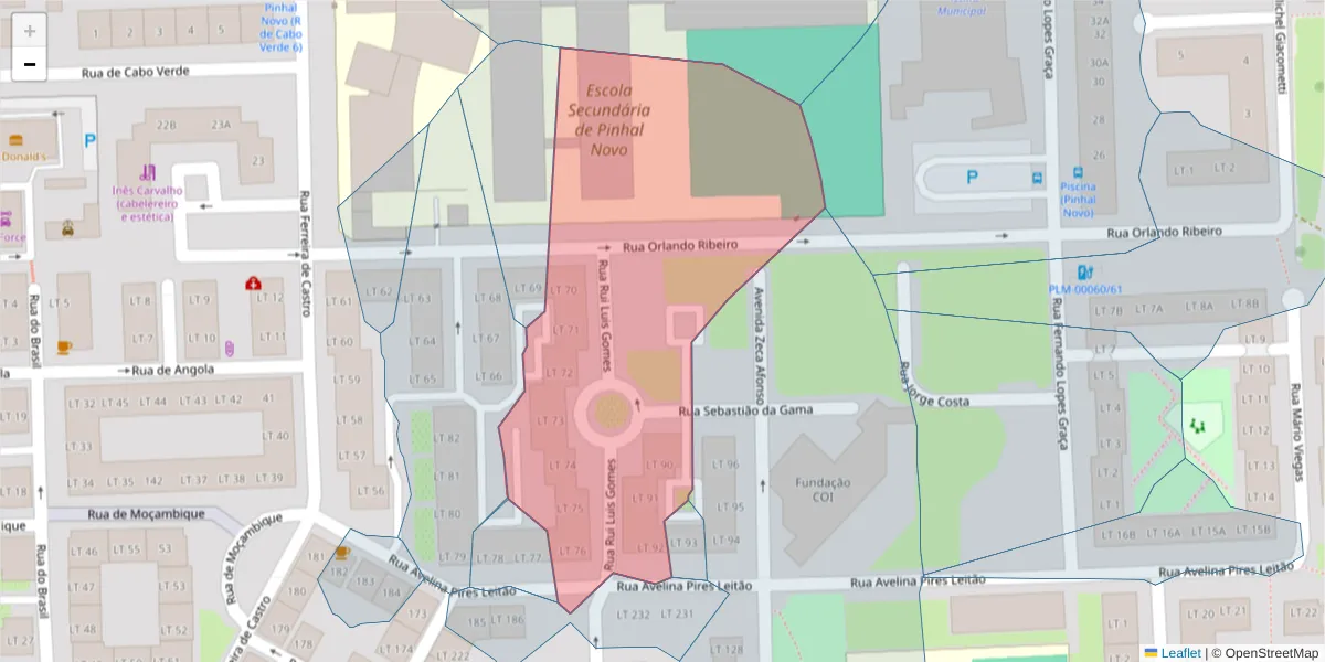 Mapa detalhado do código postal 2955-021 com limites, códigos postais vizinhos e agências dos correios