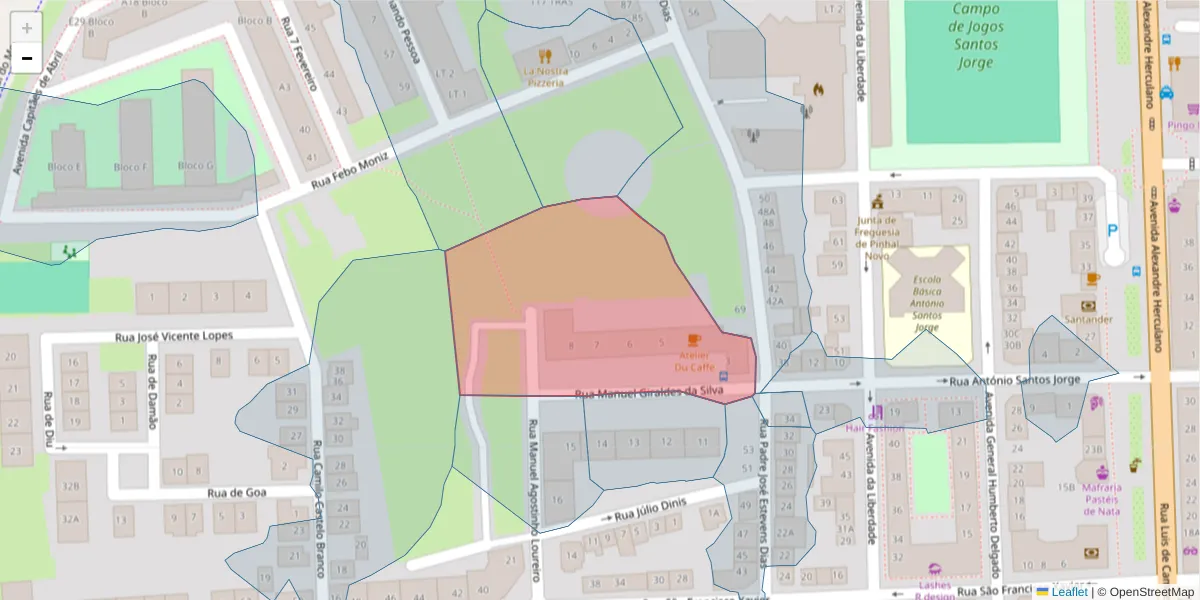 Mapa detalhado do código postal 2955-026 com limites, códigos postais vizinhos e agências dos correios